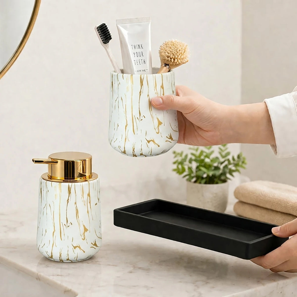 Luxury White Marble Bathroom Accessories Set Foaming Soap Dispenser Toothbrush Holder Unbreakable Plastic Gold Decor Vanity Set Qme