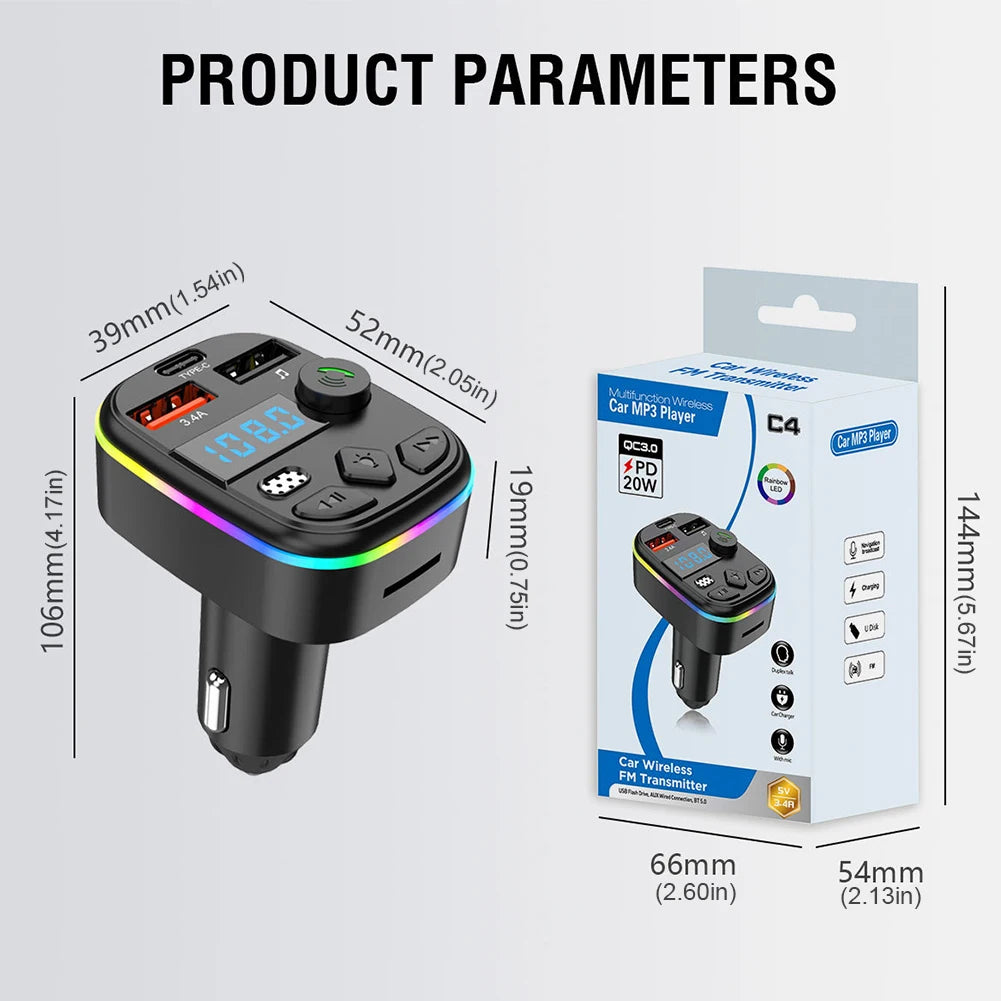 Car Charger Dual USB Type C Car MP3 Player Bluetooth-Compatible 5.3 Support TF Card U Disk Cell Phone Charger Car FM Transmitter Qme