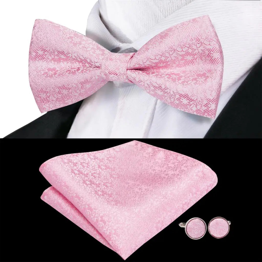 Peach Pink Salmon Rose Mens Bow Tie Pocket Square Cufflinks Pre-tied Qme LDLH0751