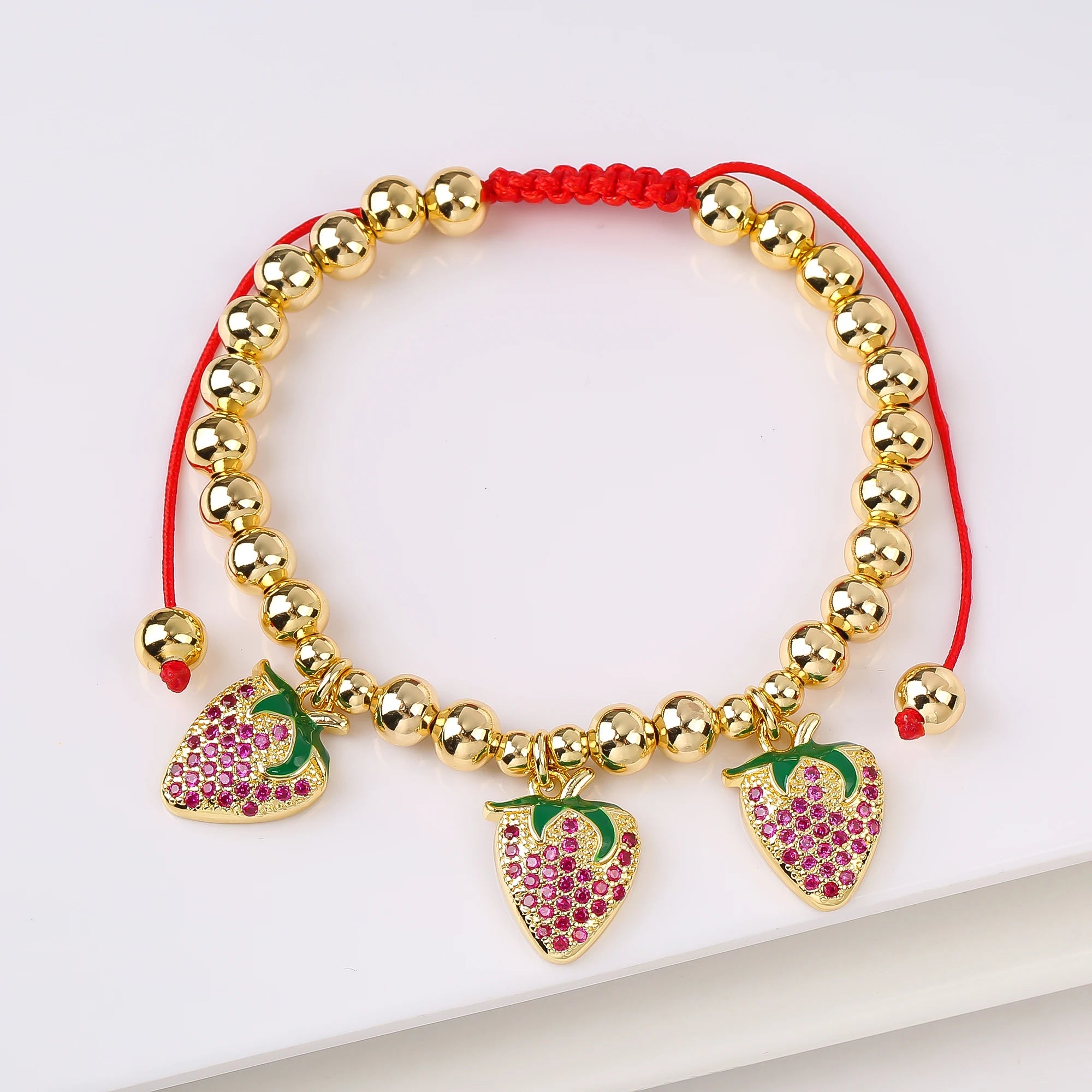 Gold-Plated Copper Bead Chain Braid Crystal Red Cherry Bracelet for Woman Female Daily Party Wrist Jewelry Friendship Gift Qme 20