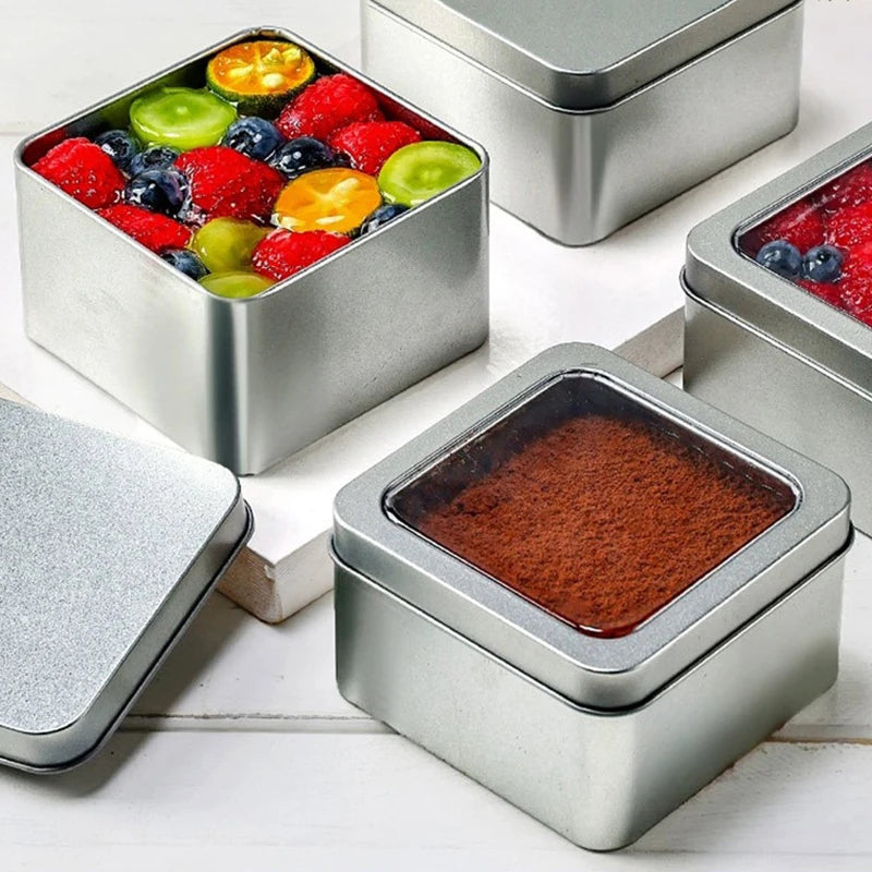 Round Square Tinplate Box Clear Window Iron Storage Box Tea Food Jar Candy Cake Boxes Jewelry Cream Cosmetic Container Empty Pot Qme