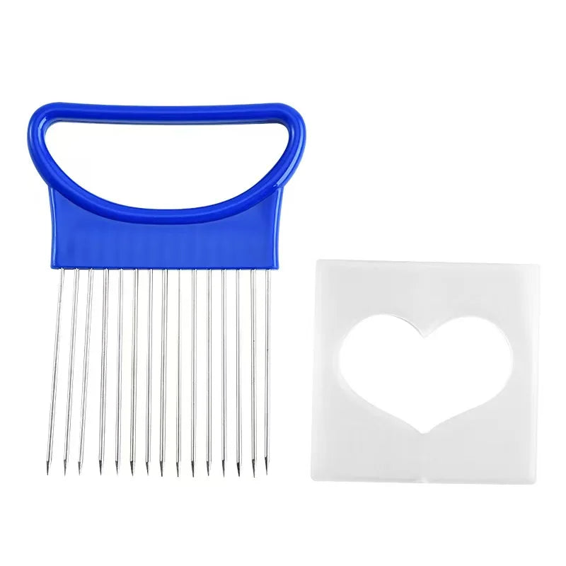 1Pc Effortlessly Slice Onions Colorful Onion Slicer Kitchen Stainless Steel Potato Chip Onion Holder for Vegetable Tomato Eggs Qme blue-1pcs