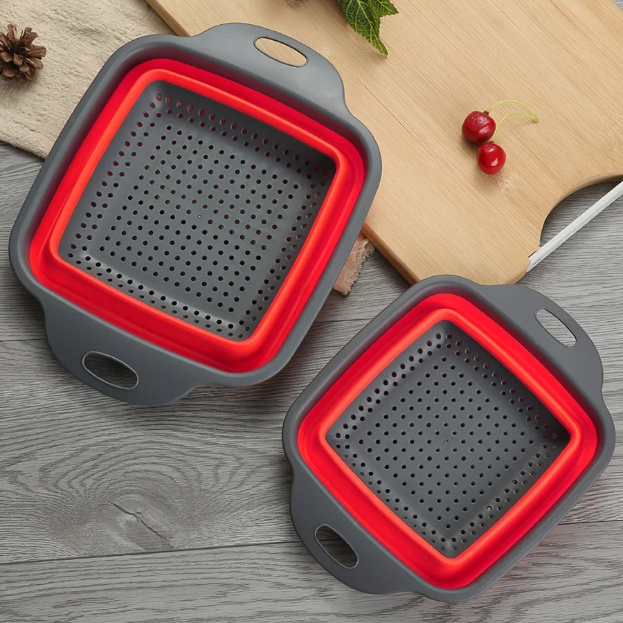 2 sets of silicone strainer kits, foldable kitchen filter, multi-functional plastic drain, with handle, food-safe vegetable Qme Red