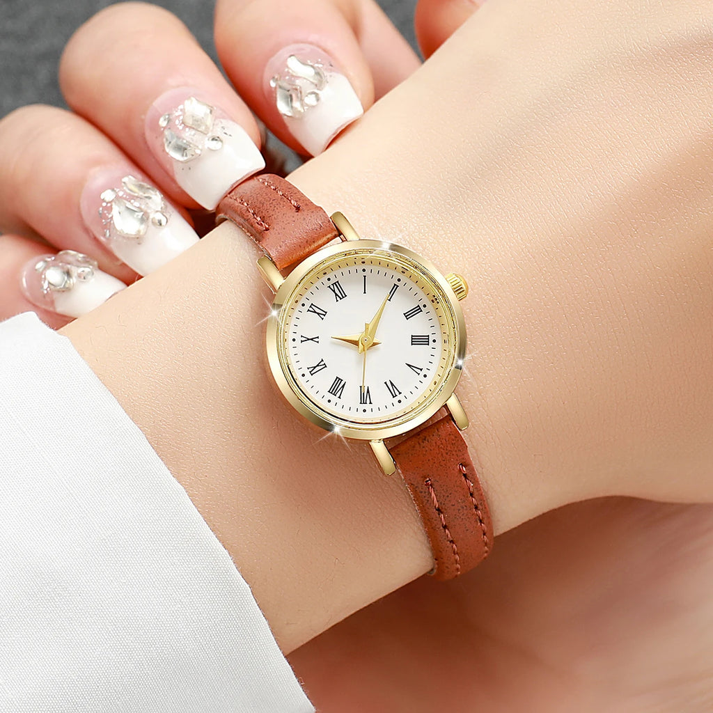 Delicate Retro Roman Numeral Small Round Gold Watch with Soft Leather Band for Daily Wear Qme