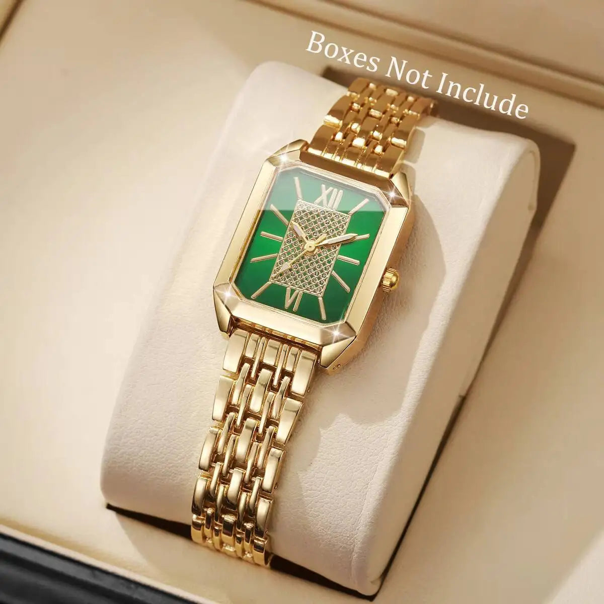 Light Luxury Steel Band Women's Watch, Needle for Female Students, Fashionable and Simple Square Quartz Wristwatch Qme Gold Green No Box