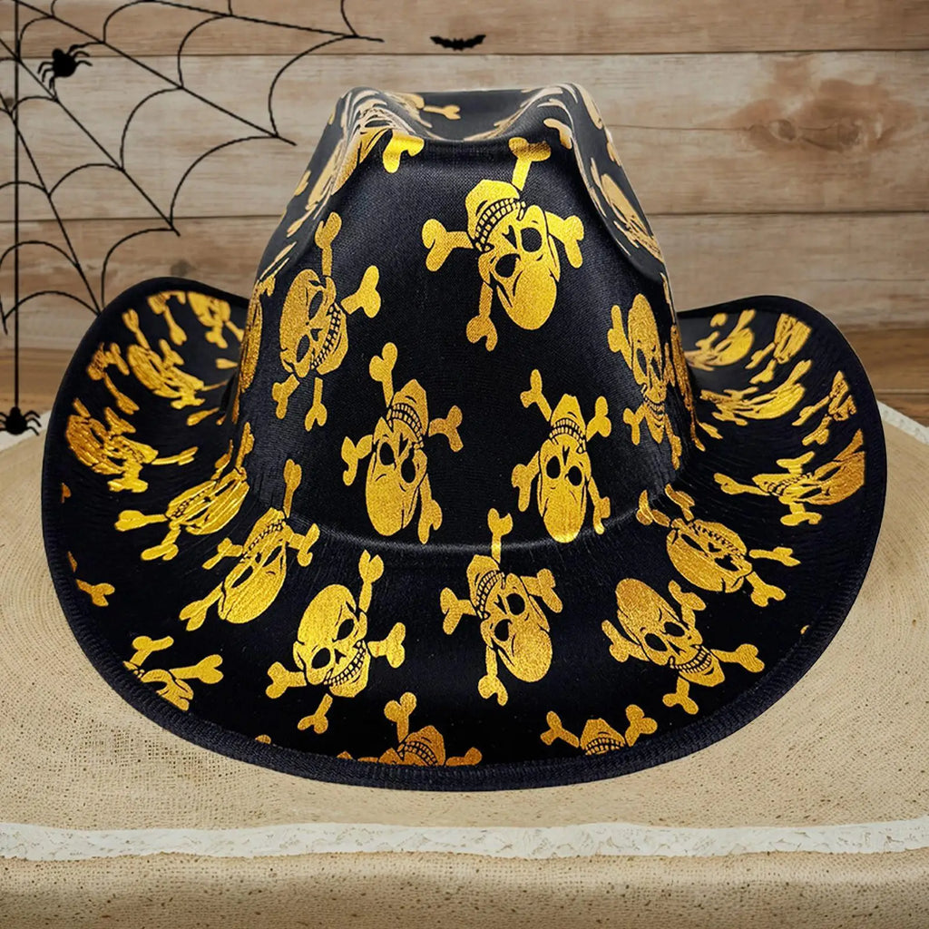 Western Cowboy Hat Skull Pattern Wide Brim Cowgirl Hat With Lanyard Dress Up Headwear For Masquerade Family Gathering Party Qme