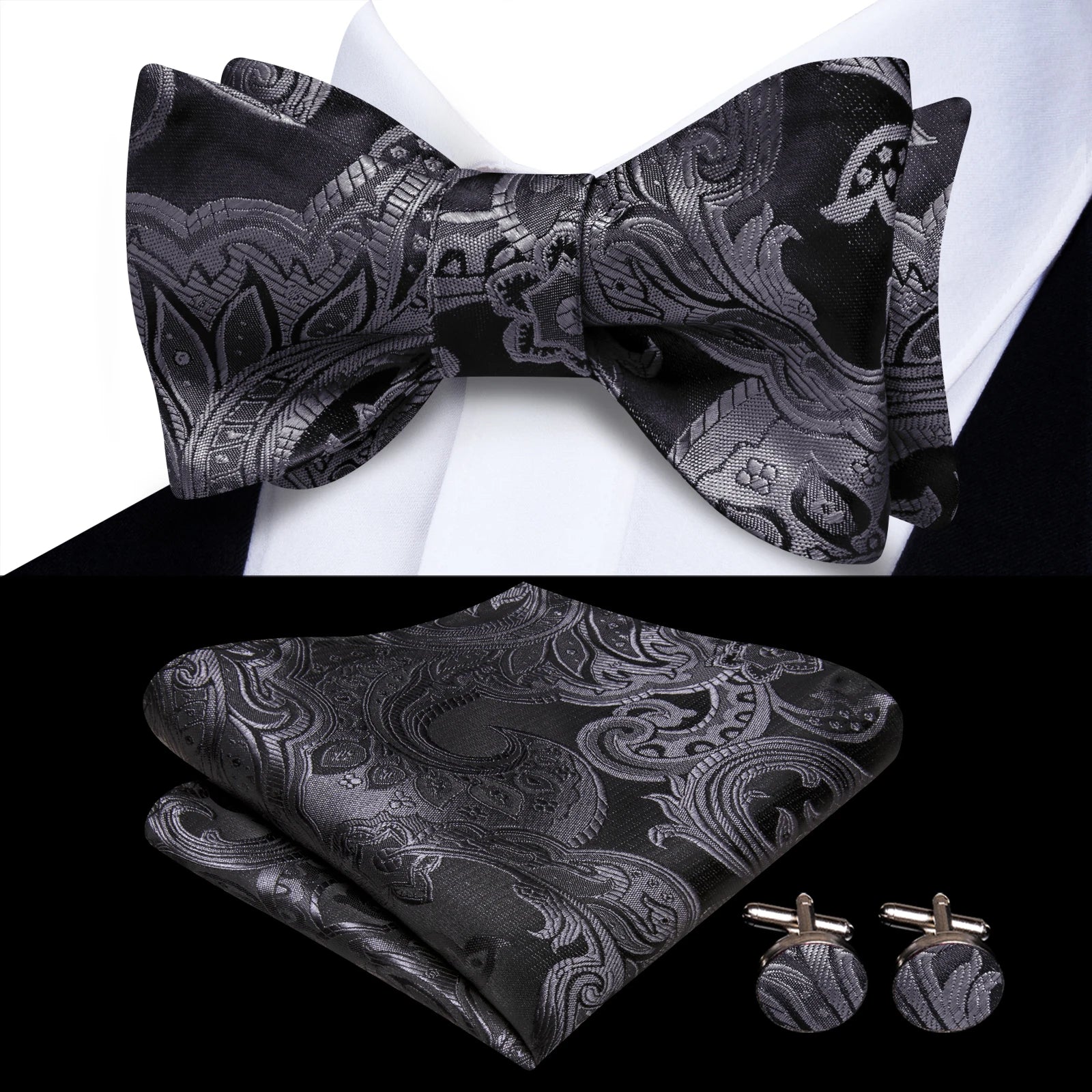 Hi-Tie Classic Bow Ties for Men Butterfly Self-Tied Male Bowtie Pocket Square Cufflinks Set Jacquard Paisley Wedding Event Party Qme HT-LH-2302