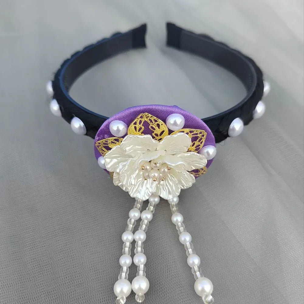 Fashion Flower Korean Headband Tassel Beaded Hanbok Hairband Pearl Qme Purple