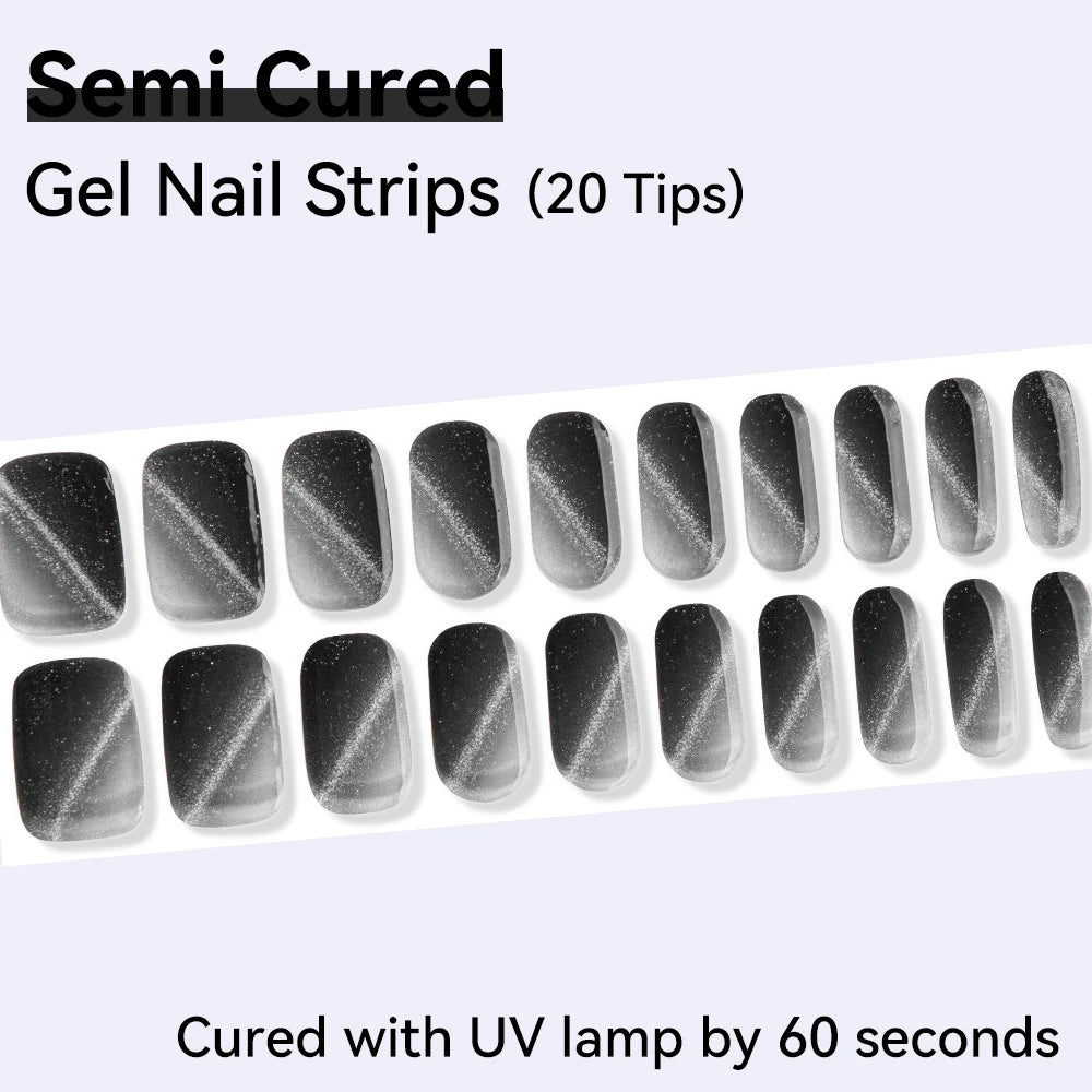 20Tips Semi Cured Gel Nail Strips Glitter Black White Plaid DIY Qme NC240286