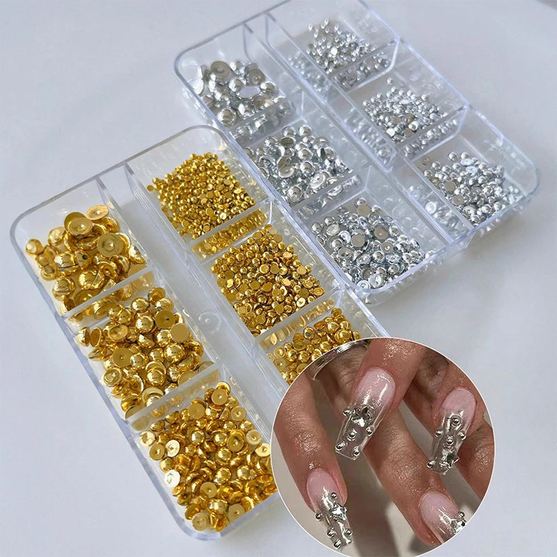 6 Grids 3d Gold Silver Half Round Ball Charm Nail Art Studs Metal Rivets Nail Art Decorations For Manicure Nails Qme