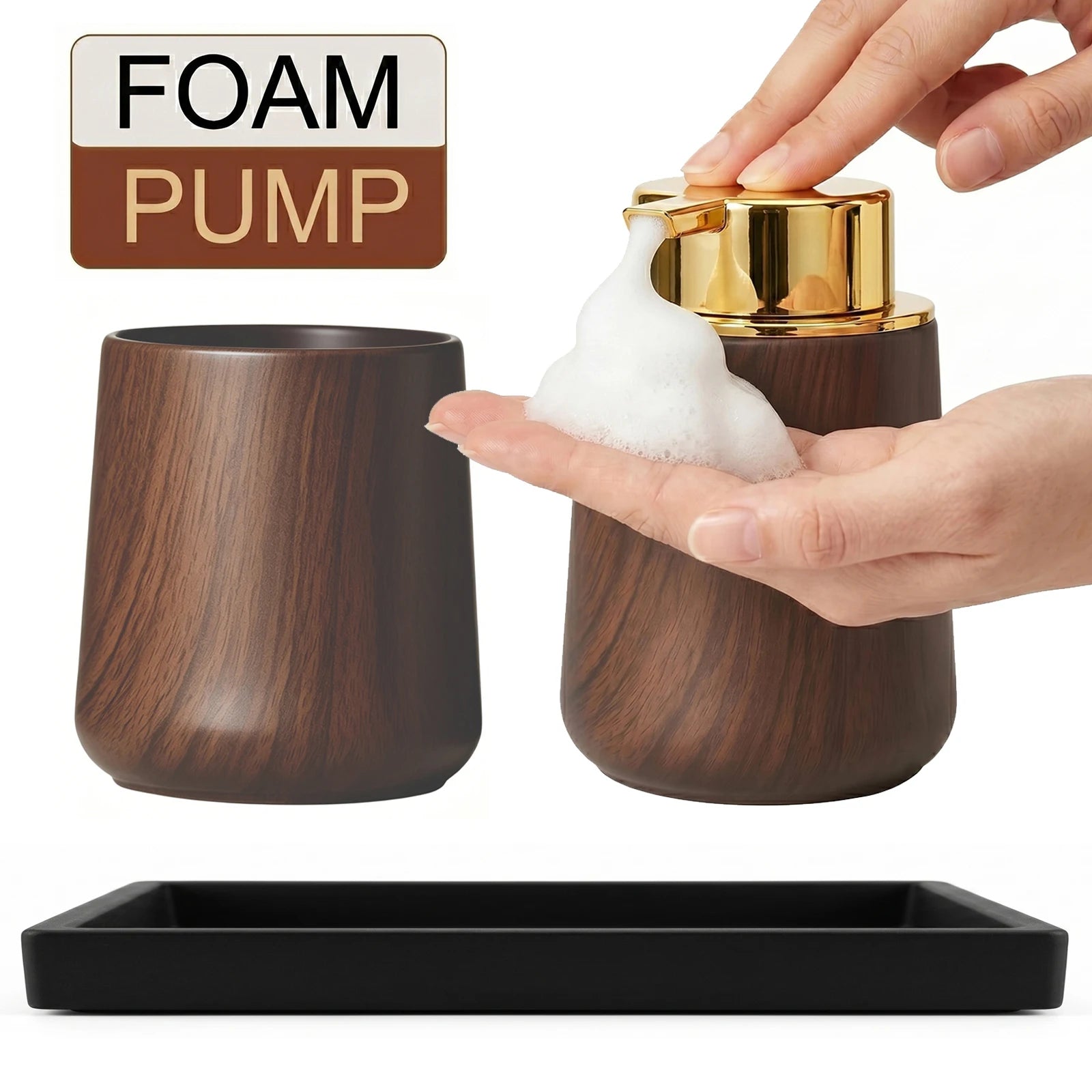 Cotton Lotion Hand Toothpaste Brush Storage Countertop Accessories Walnut Foam Soap Dispenser Bottle Set for Kitchen Bathroom Qme FOAM-SET A
