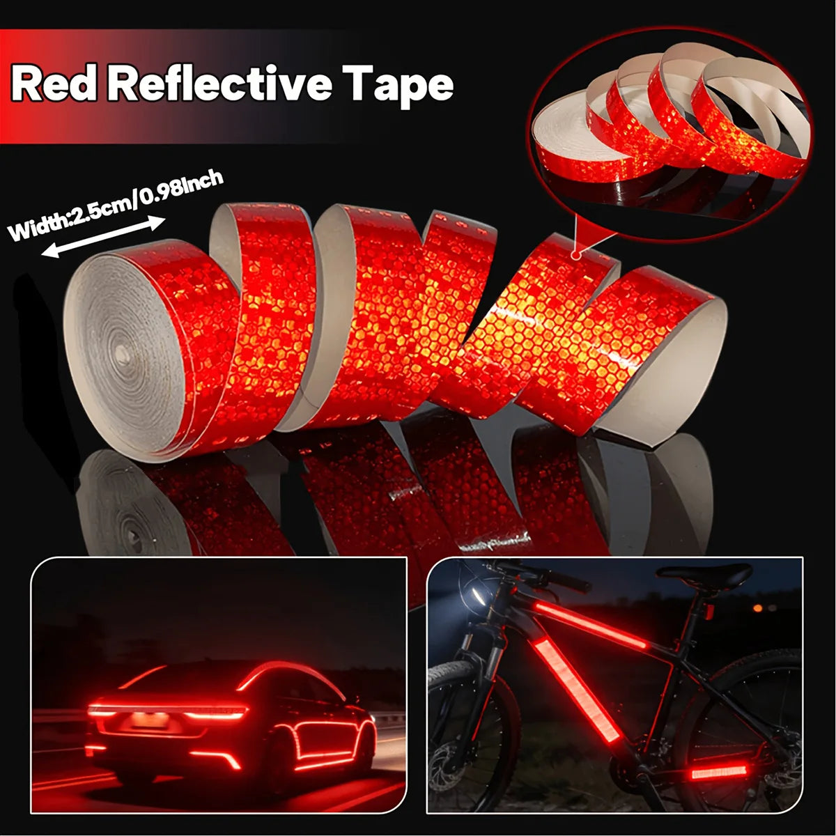 Reflective Car Stickers Outdoor Waterproof Warning Tapes White Red Fluorescent Yellow Reflectors Safety Strip Qme Red 2.5cmX1M