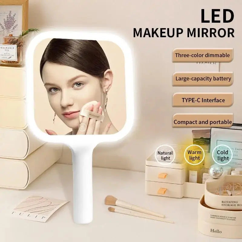 LED Smart Makeup Mirror Hand-held Carry 3 Colors Adjust Bright Touch Qme