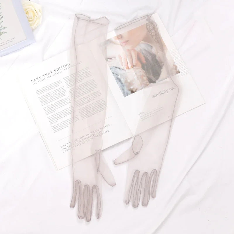 Women's Sexy Transparent Gloves Long Tulle Ultra Thin Full Finger Qme GRAY 55cm
