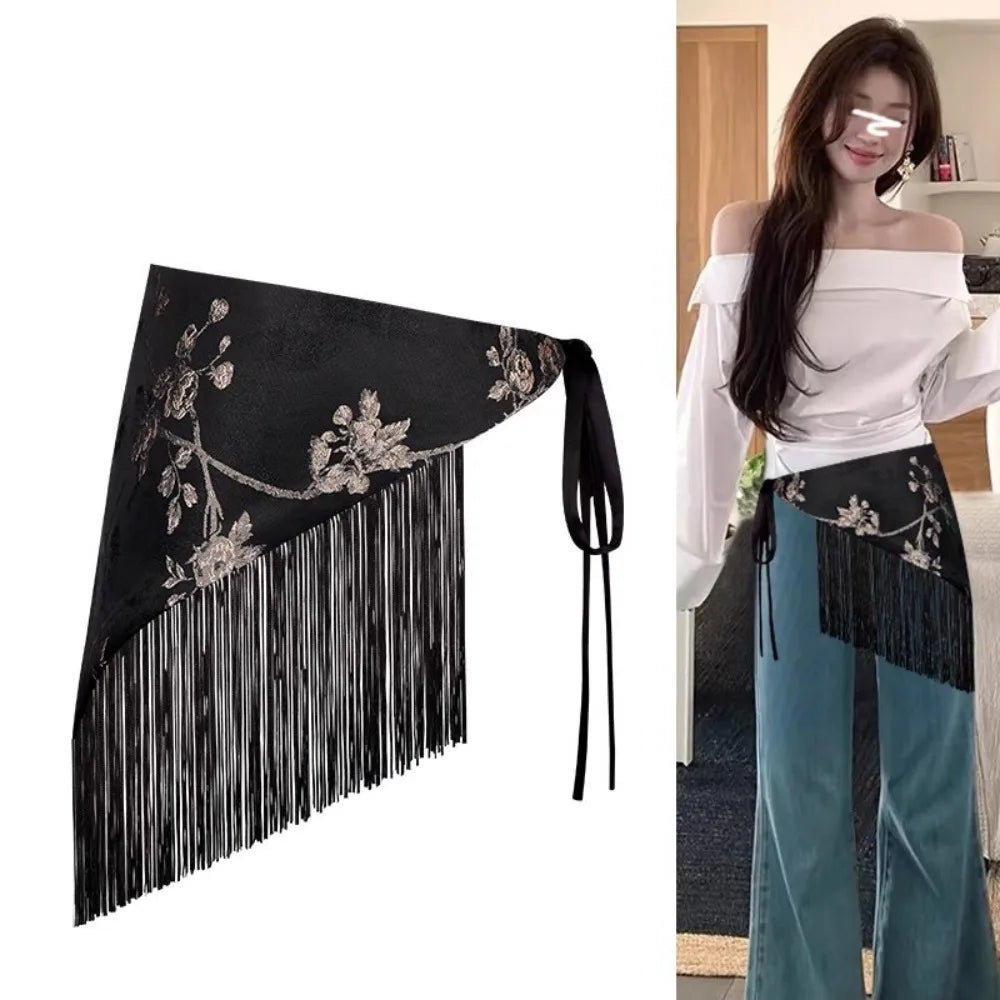Chinese Style Triangular Waist Belt Tassel Printing Trim Butt Curtain Irregular Hem Ethnic Style Butt Curtain Skirt Jeans Decor Qme Style 4
