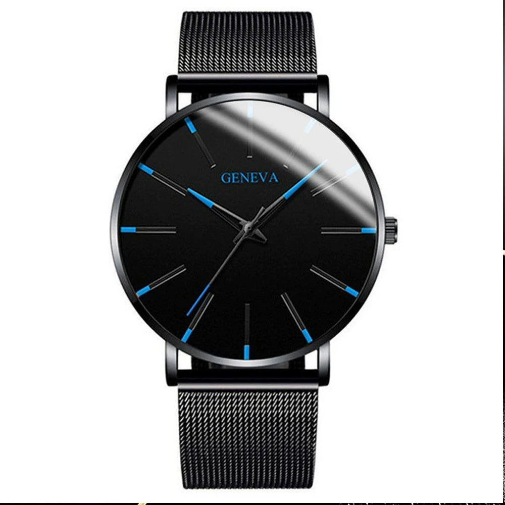 1PCS Geneva Men's Watch Fashion Blue Needle Quartz Watch Simple Business Mesh Belt Watch Qme
