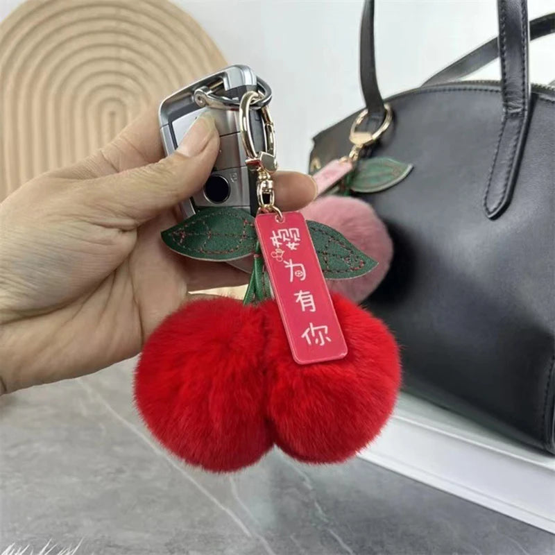 Lovely Cherry Plush Ball Keychain Cartoon Car Key Charm Ideal Qme Red