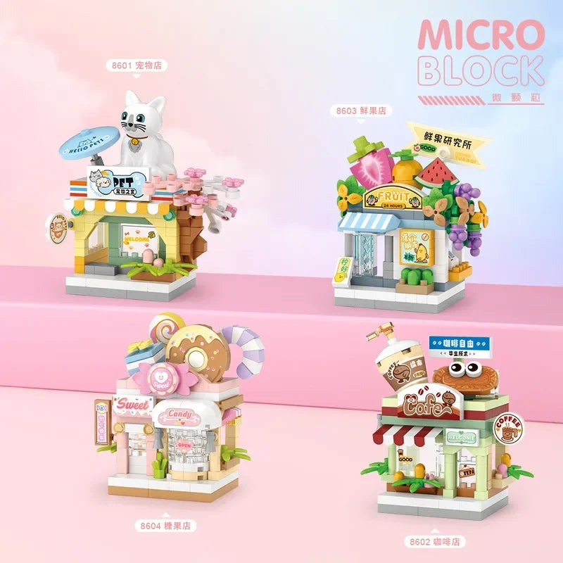 Restaurant Dessert Coffee Pet Fruit Store Street View Food House Building Blocks Kit Girls Bricks Model Kids Toy Boy Child Gifts Qme