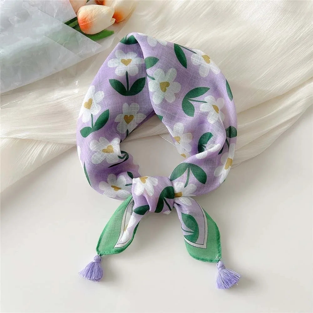 Neck Wrap Cotton-linen Square Scarf Fringed Breathable Hair Bandana Qme Style 3