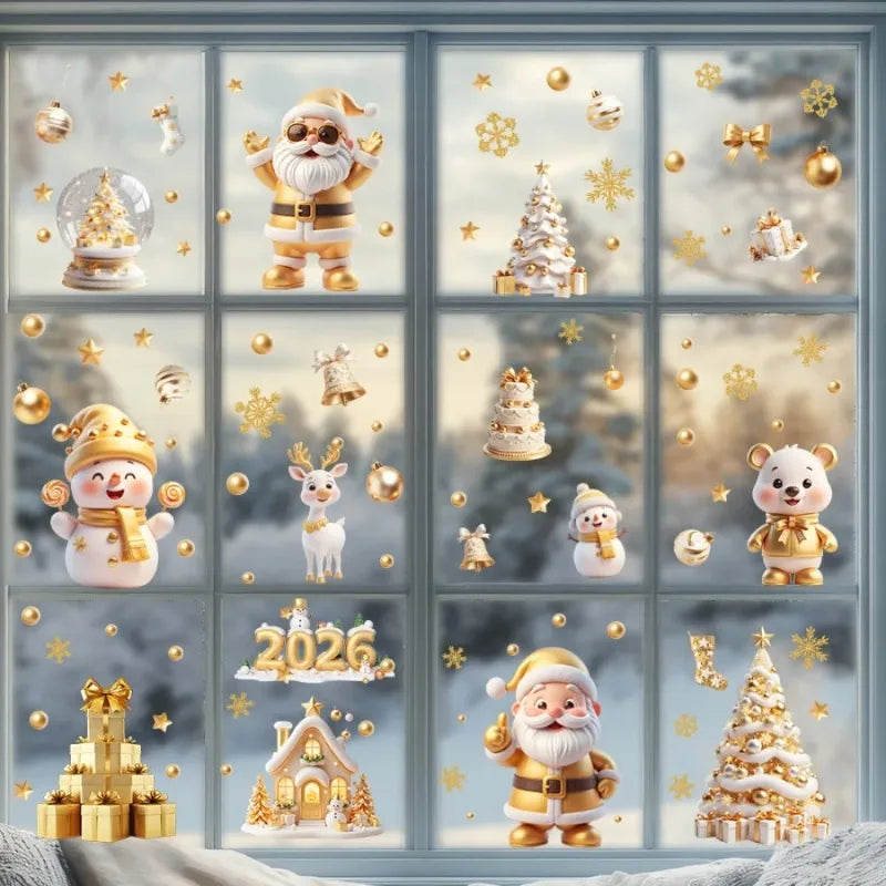 Golden Santa Snowman Window Stickers Reusable Static Cling Decals Qme
