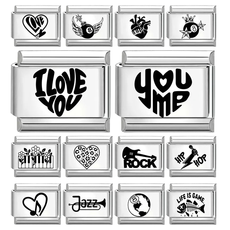 New Fashion Charm Italian Links Fit 9mm Stainless Steel Women Men Jewelry DIY Making Black Heart I Love you You Love Me Bracelet Qme