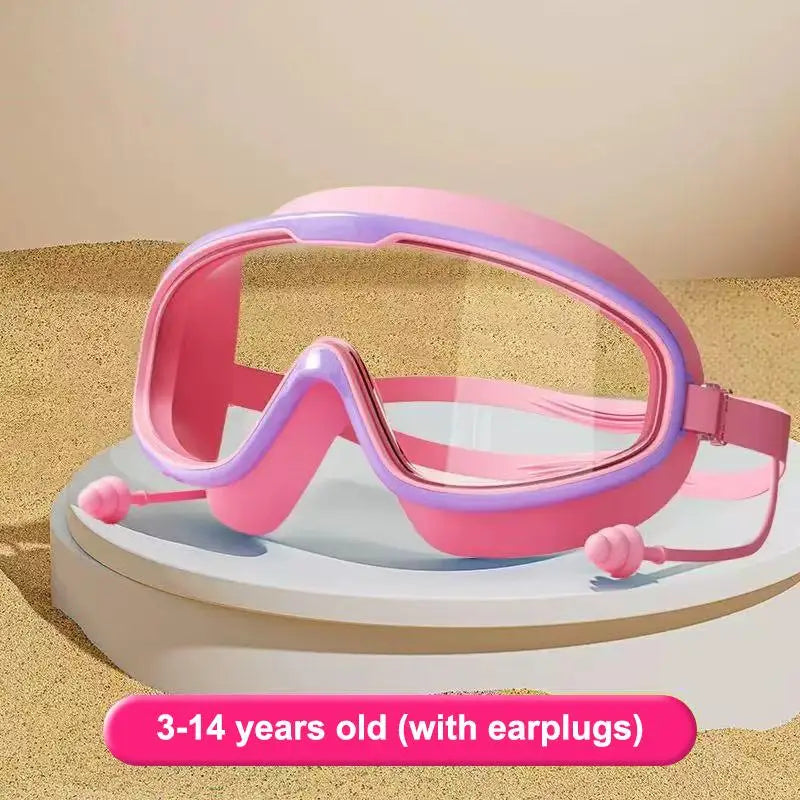 Kids Swimming Goggles Big Frame HD View Anti-fog Waterproof Qme Pink