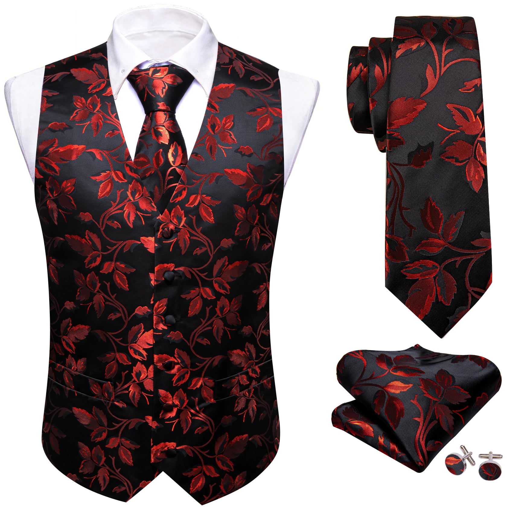 Men's Elegant Floral Vest Tie Hanky Cufflinks Formal Wine Green Blue Qme MJ-2610 XXL