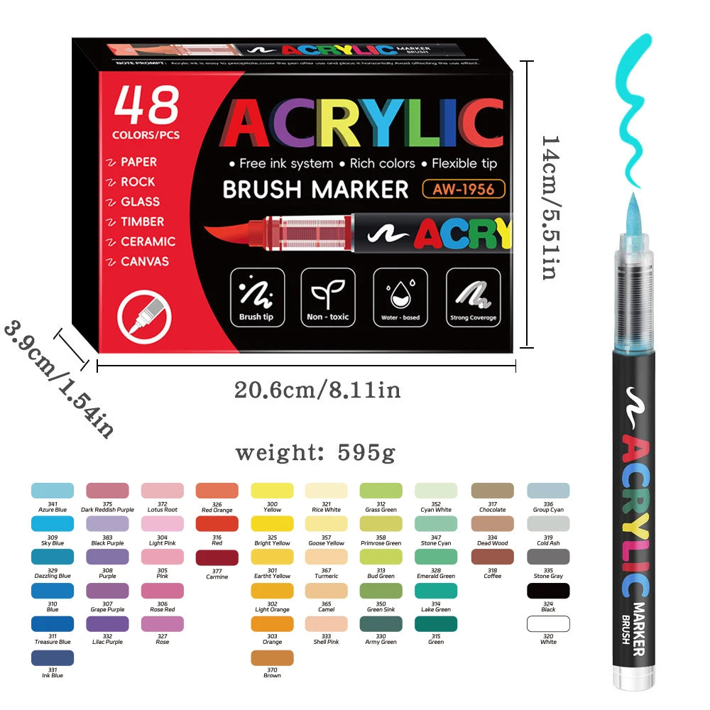 12-366 Colors Acrylic Paint Marker Pens Brush Tip Auto Ink Control Waterproof Quick Dry for Rock Painting DIY Craft Supplies Qme 48 colors