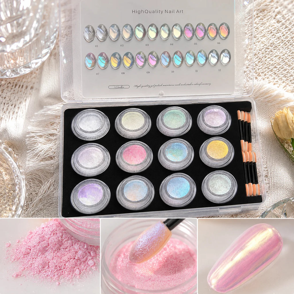 12 Colors Aurora Mirror Nail Powder Chrome Pearl Pigment Dust Ultra Qme