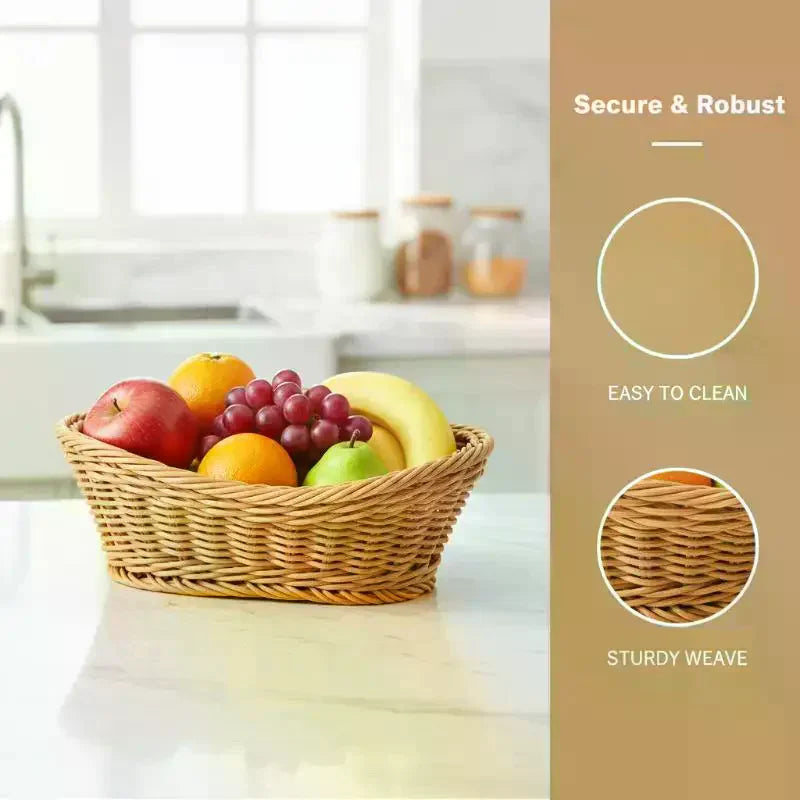 Handwoven Plastic Rattan Basket Durable Washable For Kitchen Bread Fruits Snacks Holder Qme