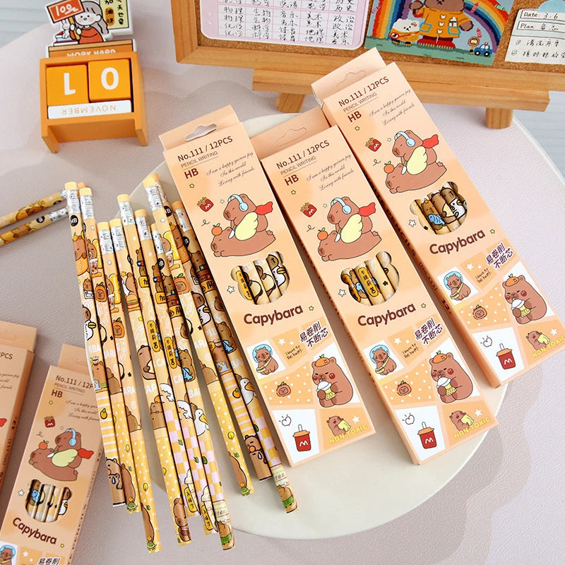 12-Pack Fun Capybara Cartoon Pencils Erasers Kawaii Stationery Office Qme Default Title