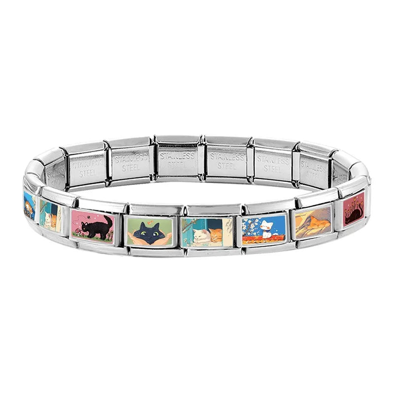9mm Charm Links Bracelet Stainless Steel Y2K Kawai Cute Cats Listen to music Look at the moon Italian Men Women DIY Making Gifts Qme