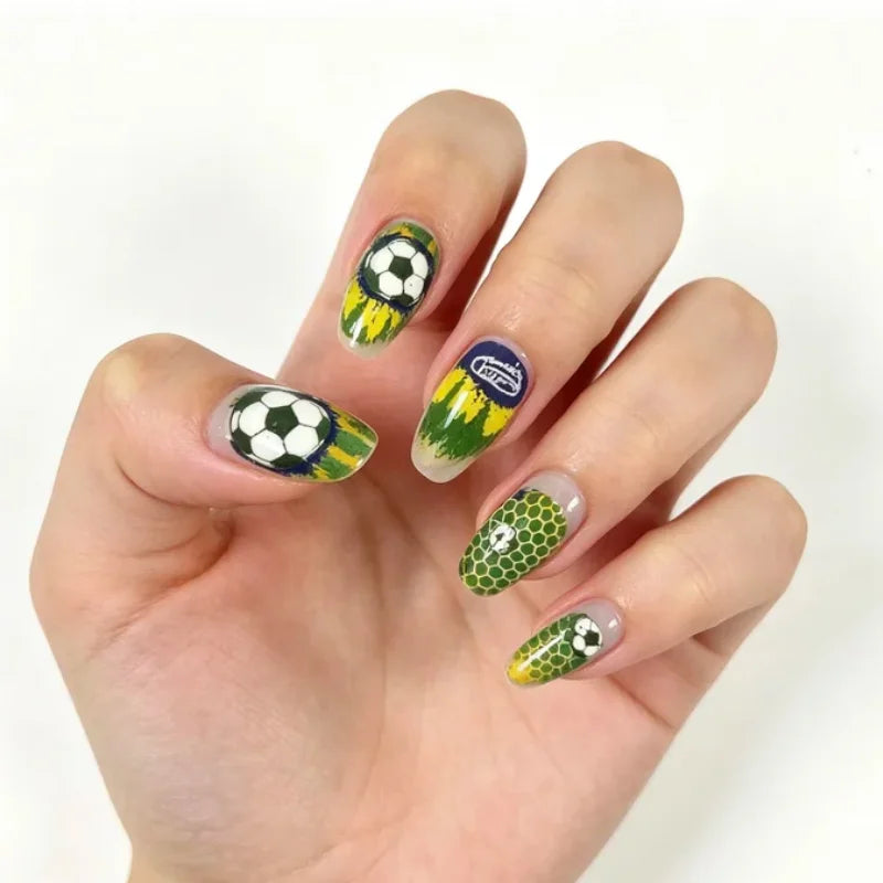 Brazil Press On Nails Green Yellow Football Fan Party Fake Nails Waterproof Easy Apply Remove Qme