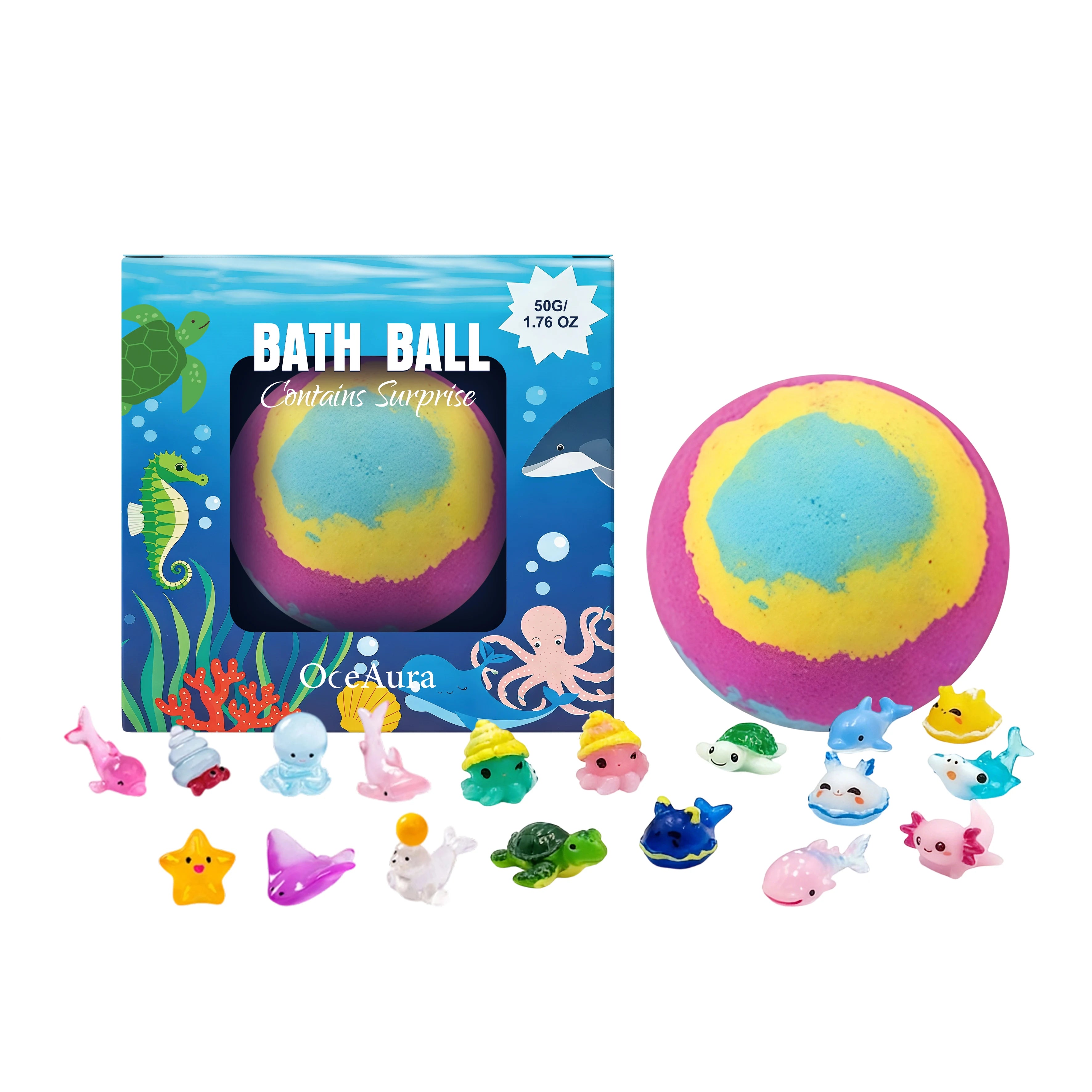OceAura Kids Bath Ball with Random Marine Animal Toy for Over 3 Years Old Kids Skin Friendly Rich Foam Moisturizing Bath Ball Qme 50g