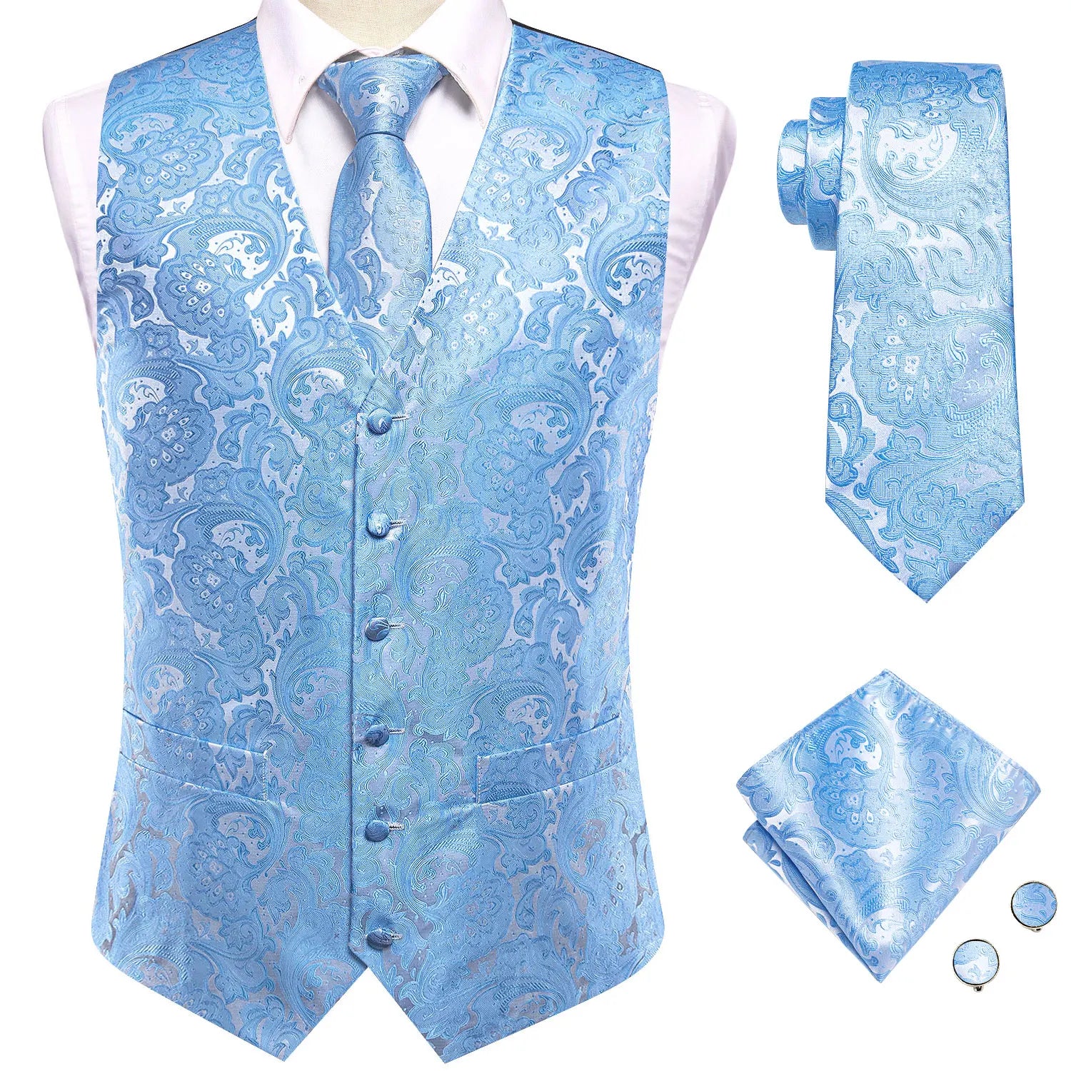 Mens Suit Vest Tie Hanky Cufflinks Jacquard Floral Paisley Waistcoat Qme MJ-3018 XXXL