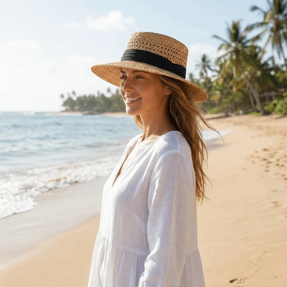 Fashion Wide Brim Hollow Straw Hat Sunscreen Cloth Buckle Western Qme