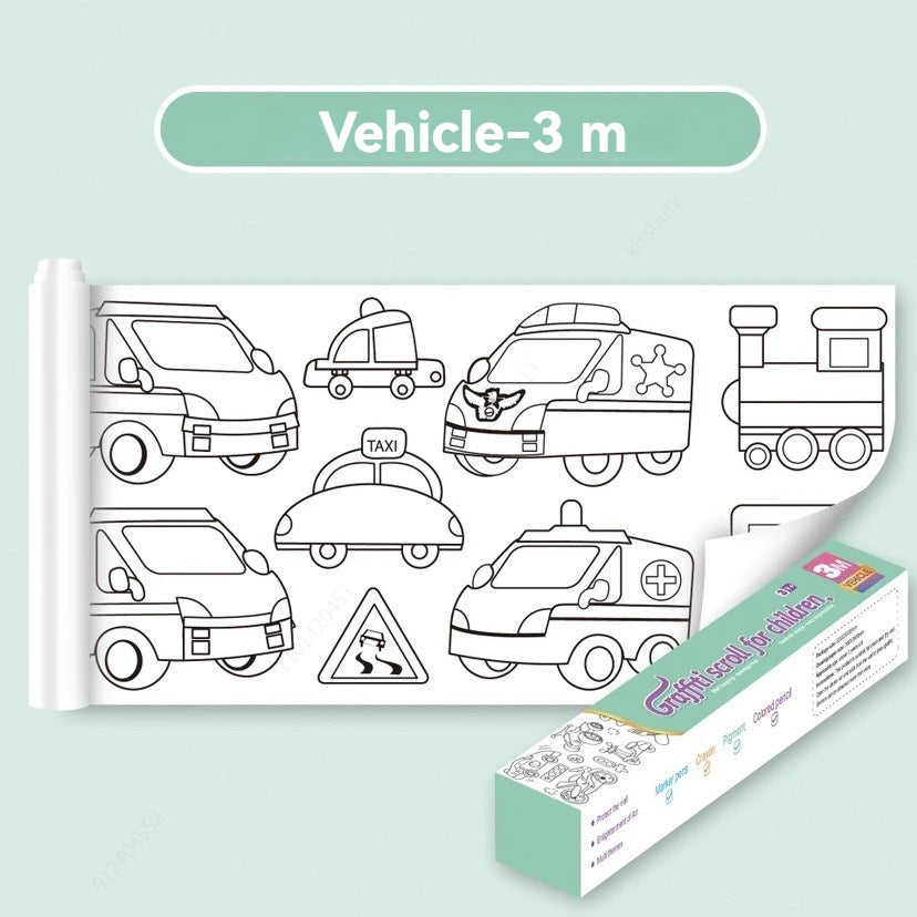 Children's Doodle Scroll Childrens Drawing Roll - 3M, DIY Coloring Paper Roll Color Filling Graffiti Paper-cut Painting School Qme Vehicle