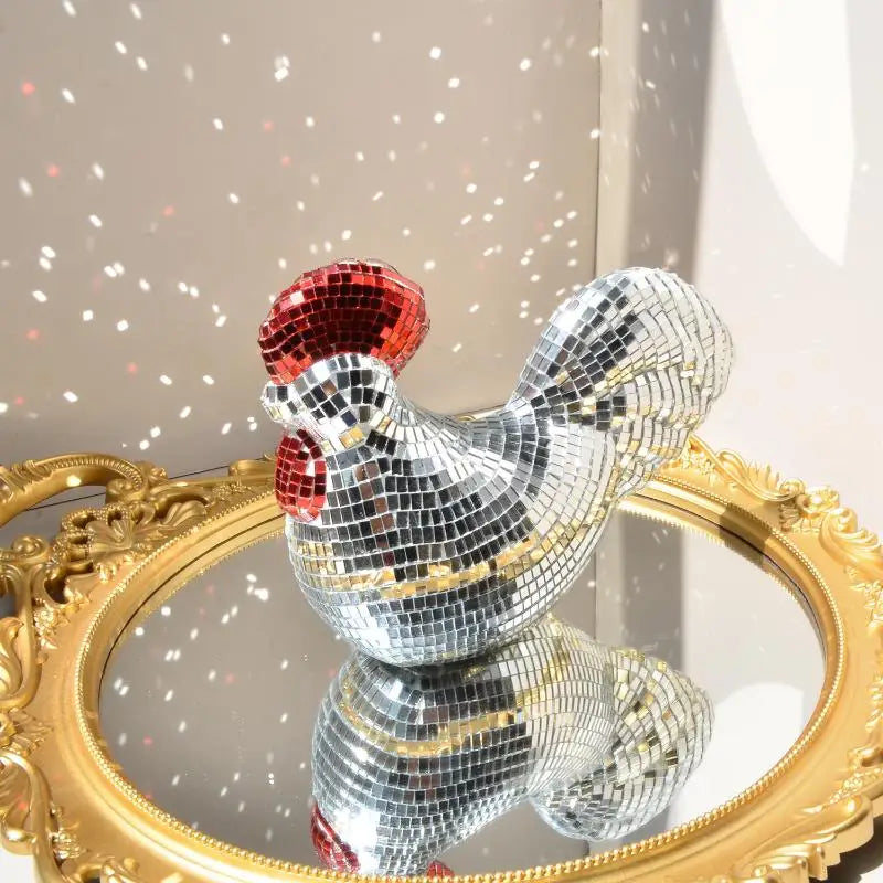 Creative Mirror Chicken Sculptures Statue Disco Ball RoosterShape Home Decor Ornaments Party Supplies Birthday Decorations Qme