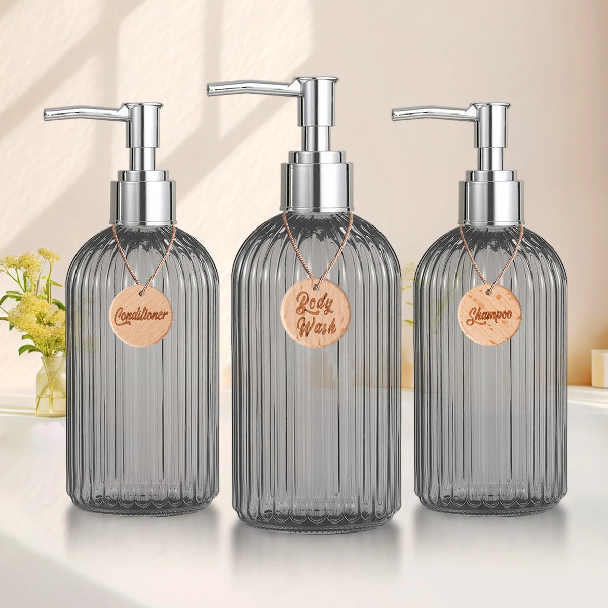Shower Containers for Shampoo, Conditioner and Body Wash, Bathroom Counter Storage Shampoo Bottles Bodywash Dispenser for Shower Qme