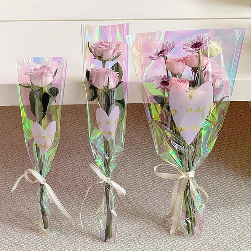 30PCS Love Heart Iridescent Single Rose Sleeves DIY Transparent Flower Wrapping Bag Floral Material Packaging Waterproof Qme