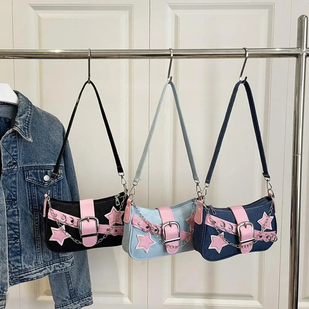 Fashion Women's Handbags Denim Stars Pattern Cool Girls Underarm Bag Female Small Shoulder Hobo Bags Chain Tote Bag Qme