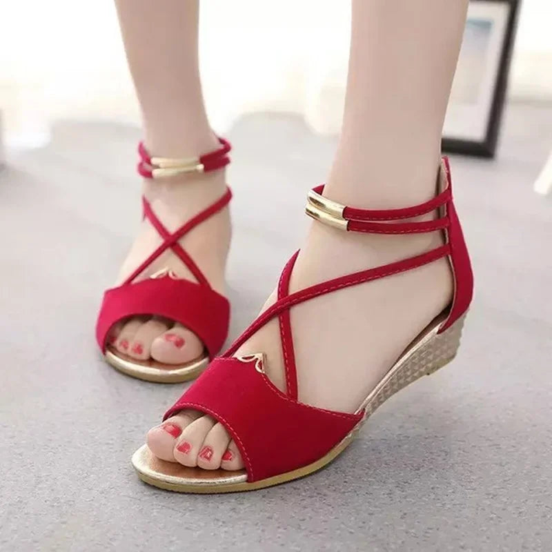 Women Wedge Sandals Summer New Luxury Red Beige Open Toe Casual Shoes Rhinestone Comfortable Platform Sandalias Roman Style Qme