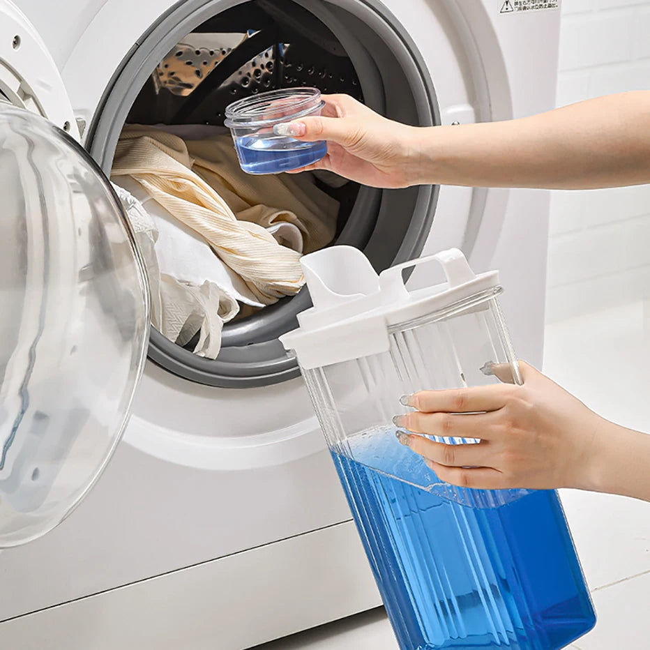 Clear Airtight Laundry Liquid Dispenser Detergent Powder Softener Dispense Tank with Measuring Cup Waterproof Labels Qme