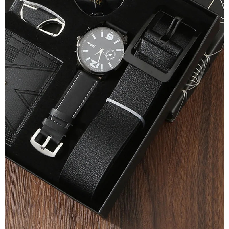 New Mens Watch Set with Gift Box 5 Pieces Key Chain Sunglasses Belt and Wallet Set for Men Gift for Him Boyfriend Dad Husband Qme