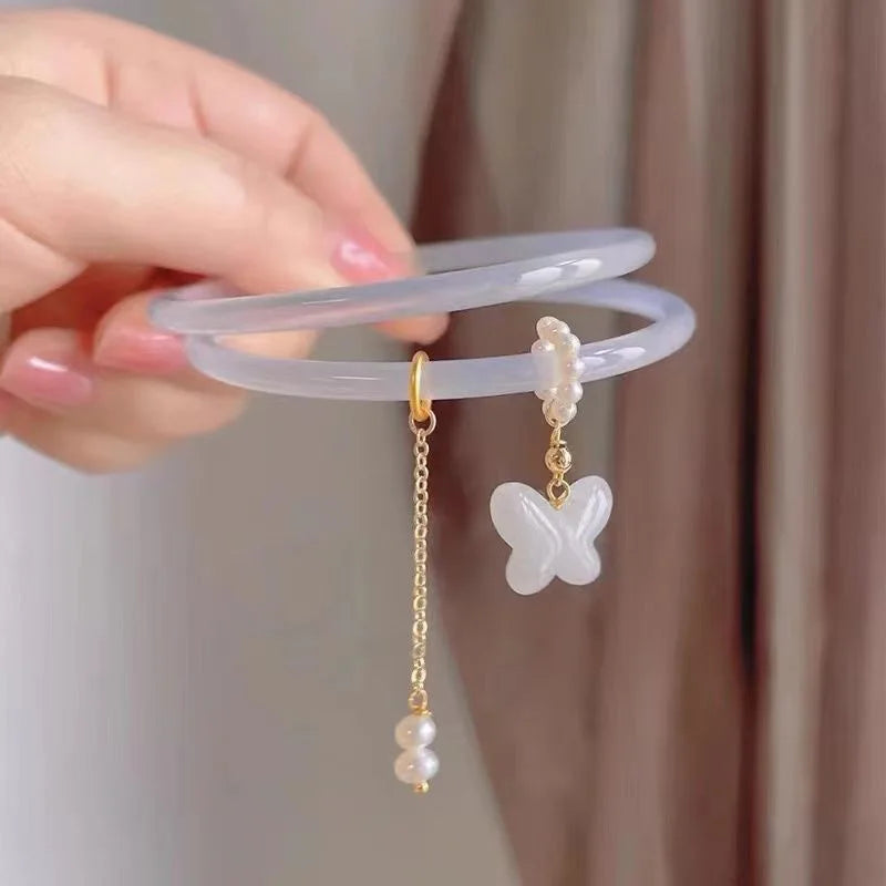 2Pcs/Set Natural Jade Jingle Butterfly litchi jelly Bangles Retro simple girl Antique Glass Bracelet Women's Jewelry Gifts Qme
