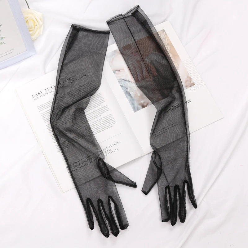 Long Sheer Tulle Gloves Ultra Thin Stretchy Full Finger Mittens Mesh Qme black 55cm