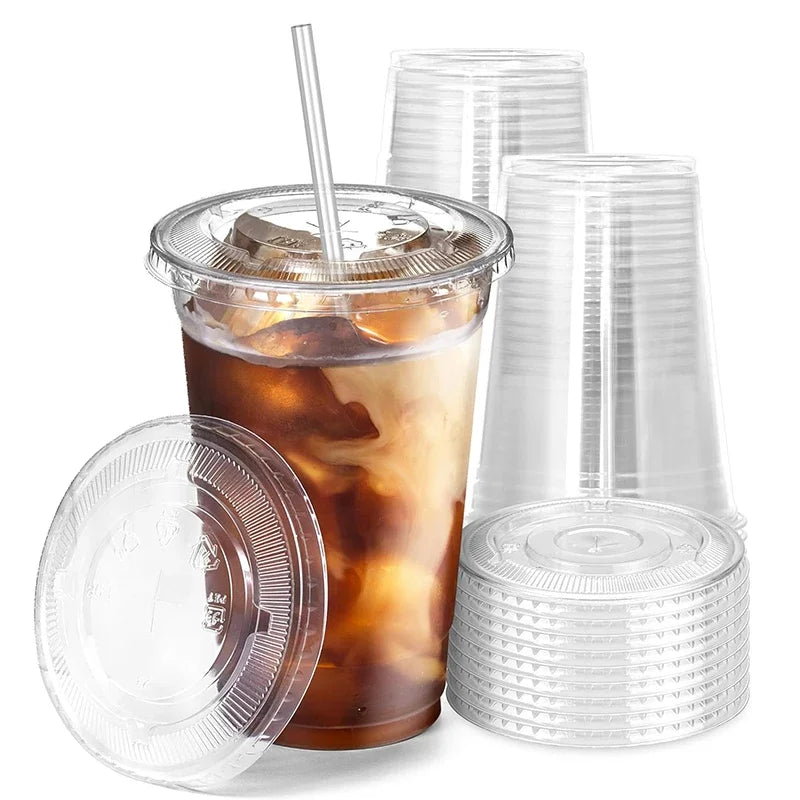 50pcs/Set 12/16OZ Plastic Cups With Lids Disposable Cups For Iced Coffee Smoothie Milkshake Cold Drinks Birthday Party Supplies Qme