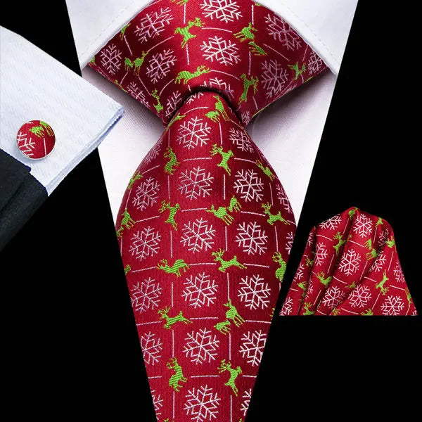 Christmas Red Tie Set 3 Pieces Men Necktie Pocket Square Cufflinks Xmas Wedding Party Suit Accessories Gifts for silk Boyfriend Qme LDSN3821