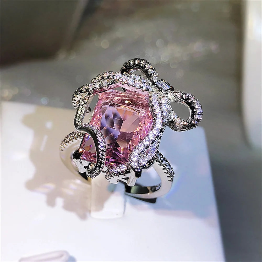 Classic Temperament Shining Pink Sapphire Zircon Open Ring Fashionable Women's Engagement Banquet Jewelry Gift Qme
