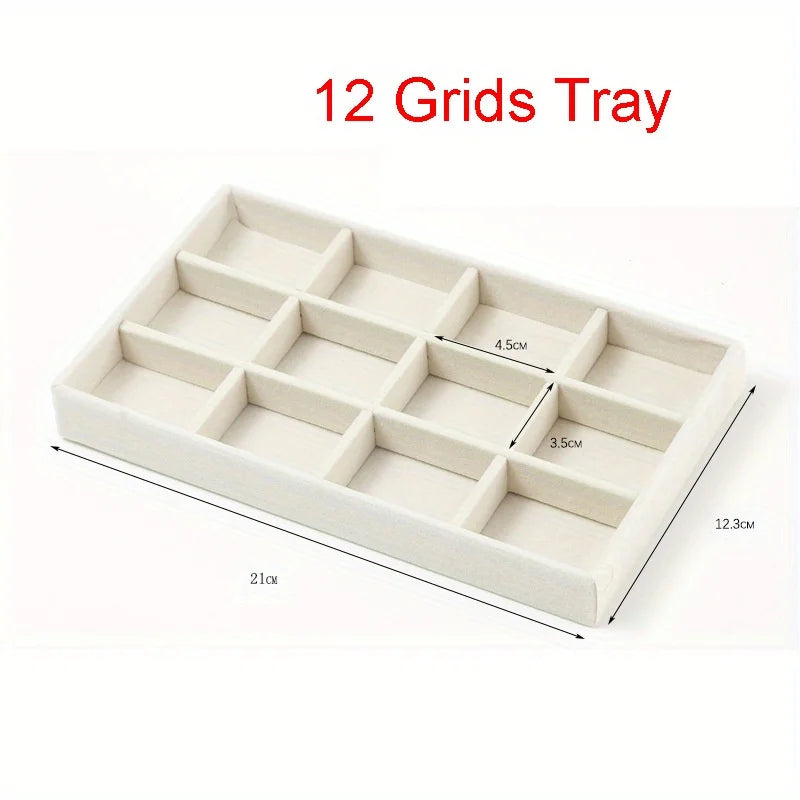 Stackable Velvet Jewelry Organizer Box - Distressed White, Rectangular Desktop Display Case for Rings, Earrings, Qme 12 Grids Tray